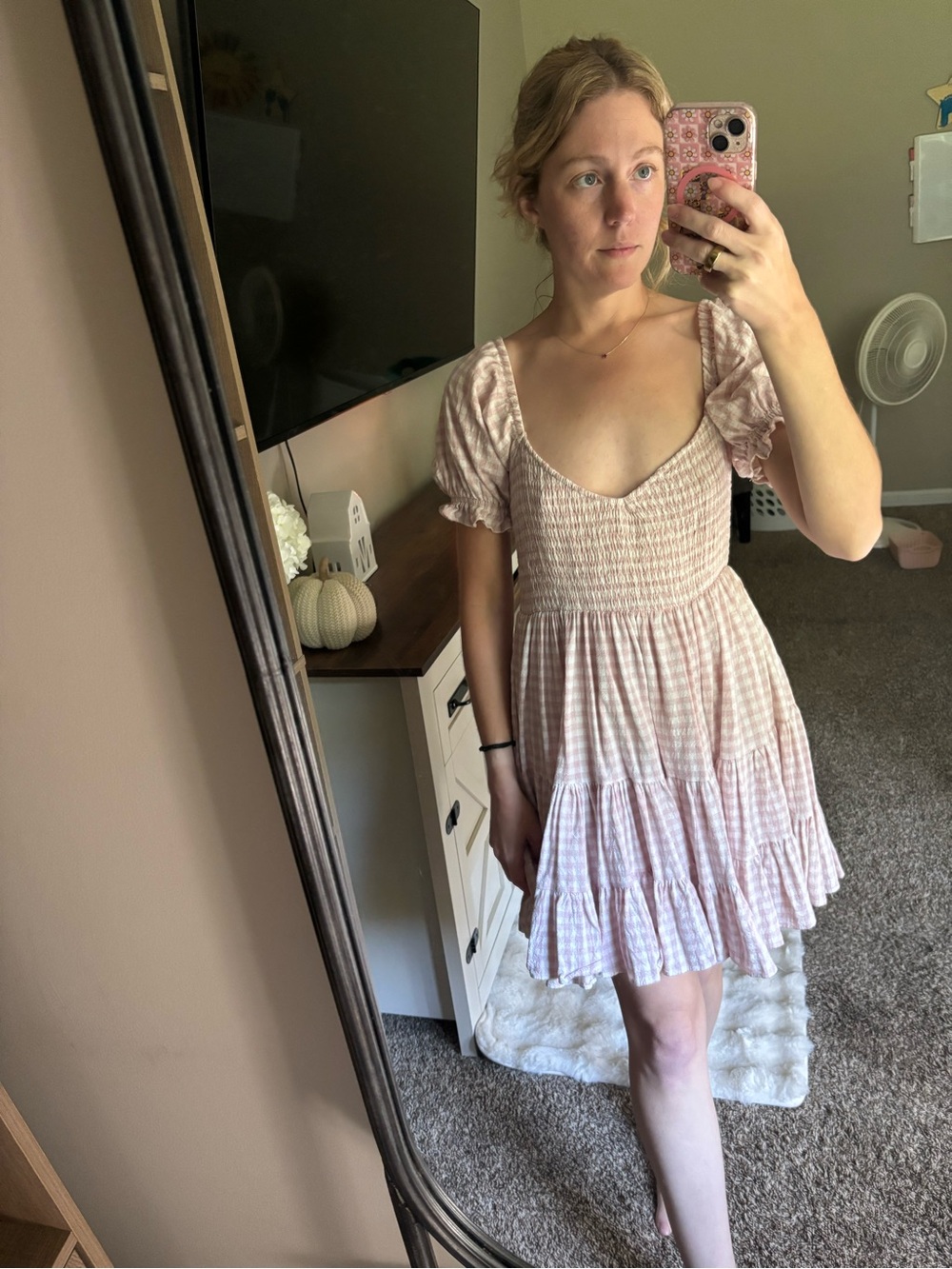 Smocked Puff Sleeve Mini Dress in Blush Plaid
